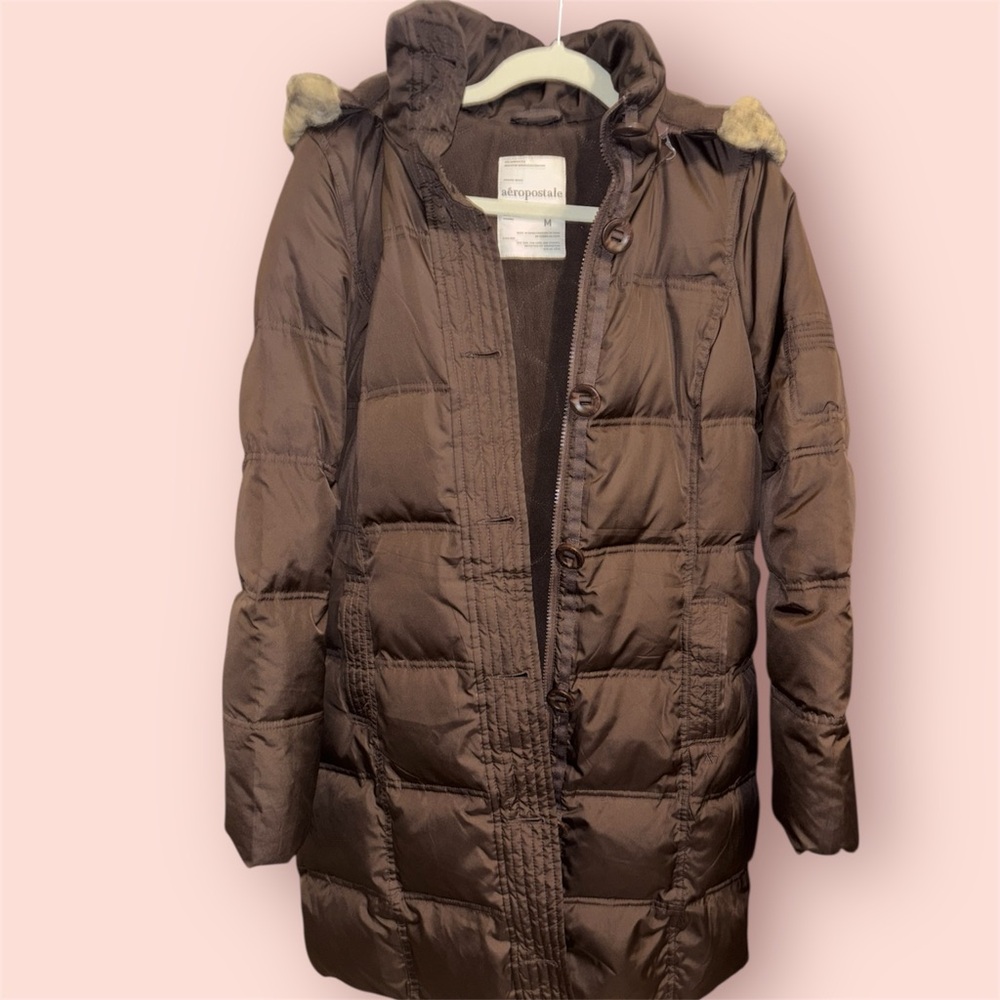 Aeropostale Long Brown Hooded Puffer Jacket